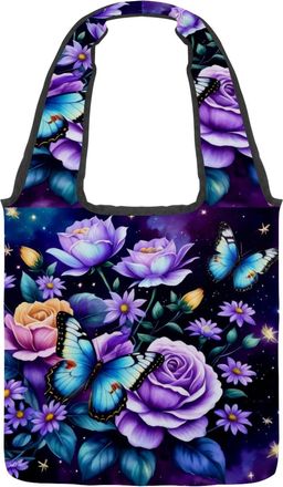 Generic Butterfly Rose Reversible Canvas Shoulder Tote - Double-Sided Print, 12oz Cotton, 27cm Drop, Fold-Flat Bag for Travel, Shopping, Street Outings