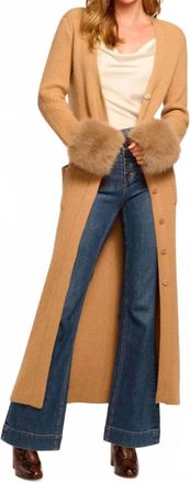 Ramy Brook Louise Wool Blend Faux Fur Trim Duster Sweater In Camel