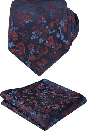 Alizeal Mens Floral Patterned Tie with Pocket Square Stylish Unique for Business Wedding Party Necktie Set, Navy+Maroon