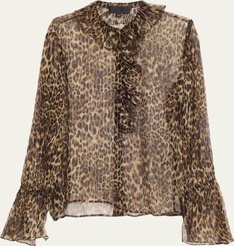 Nili Lotan Cecily Metallic Leopard-Print Silk Ruffle Shirt