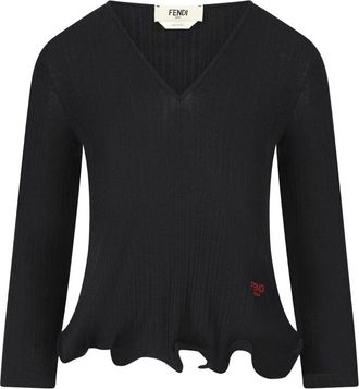 Fendi Trui met Ruches - Dames - V-hals truien - Zwart - L - Wol - Truien & Vesten