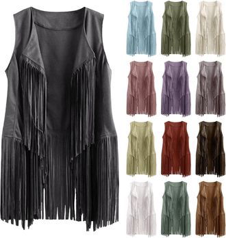 Generic HUIFUAO Cowgirl Outfits for Women Western Sexy Plus Size Fringe Tops Vintage Western Clothing Sleeveless Tassel Vest Gilet Cowgirls Shirt 70s Hippie O