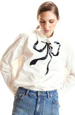 Cynthia Rowley Metallic Bow Cotton Shirt in White at Nordstrom, Size X-Small