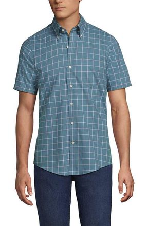 Lands End Short Sleeve No Iron Twill Shirt in Rain Storm Blue Windowpane at Nordstrom, Size Xx-Large
