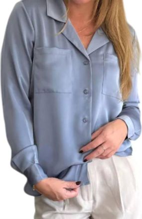 bobi Silky Long Sleeve Button Up Top In Blue