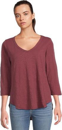 Mod-o-doc 3/4 Sleeve V-Neck T-Shirts with Curved Hem Womens Clothing Zinfandel : XS (US 0-2), Cotton
