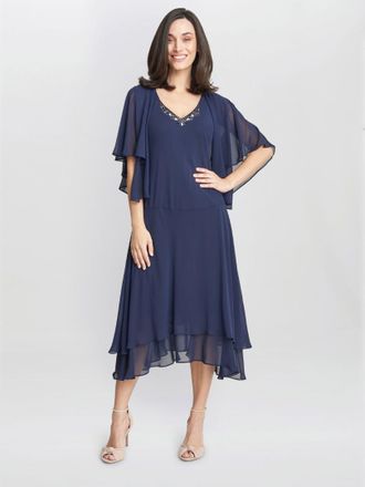 Gina Bacconi Womens Cheryl Midi V Neck Embellished Dress And Jacket - Navy - Size 14 UK