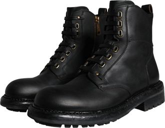 Dolce & Gabbana Black Lace Up Mid Calf Boots Men Shoes Leather