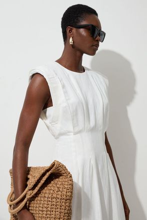 Karen Millen Womens Viscose Linen Woven Pintuck Midi Dress - White - Size 16 UK