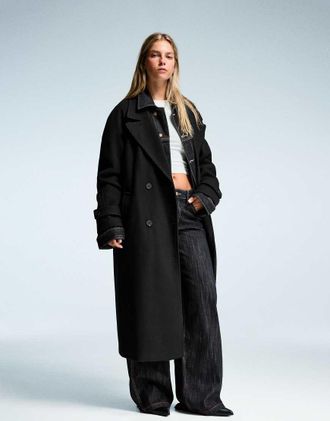 Bershka Trench morbido nero con cintura