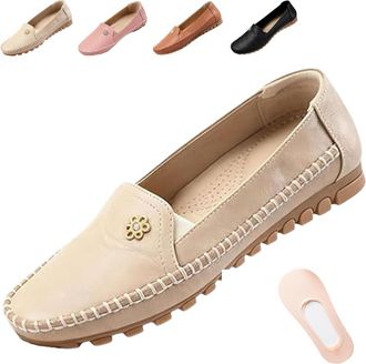 Generic Stylish Orthopedic Leather Shoes All-Day Comfort for Women - Casual Lightweight Slip on Stitched Flat-Soled with Flower (Beige,6.5)