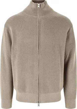 Closed Ribbed Knit Sweater With High Collar And Full Zipper Closure