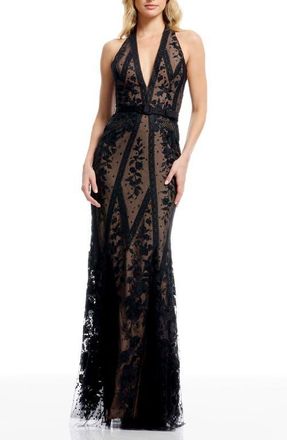 Dress The Population Devin Embroidered Lace Halter Evening Gown in Black/nude at Nordstrom, Size Xx-Small