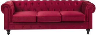Beliani Sof&aacute; 3 Plazas Chesterfield Tapizado En Tela De Terciopelo Rojo Patas De Madera Oscura Estilo Contempor&aacute;neo Chesterfield