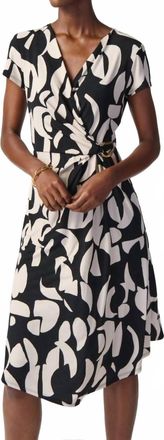 Joseph Ribkoff Geometric Print Asymmetric Faux Wrap Dress In Black/moonstone