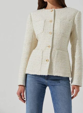 Astr Sarae Collarless Tweed Jacket In Cream