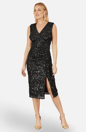 Yumi Sequin Fitted Wrap Dress With Split Hem in Black at Nordstrom, Size 12