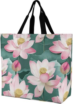 Generic Lotuses Flower Reusable Shopping Bags Large Capacity Grocery Bag Heavy Duty Tote for Women 40x40x16cm