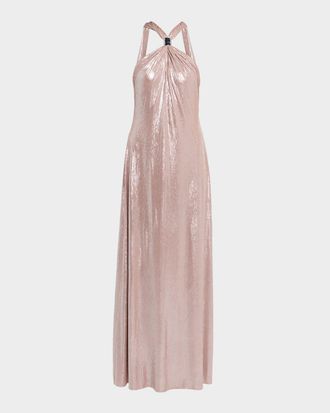 Halston Heritage Sofie Draped Metallic Jersey Halter Gown