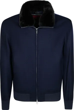 Montecore Blue Wool-Blend Plush Fur Collar Jacket