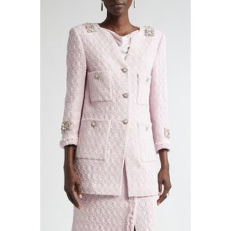St. John Crystal Embellished Honeycomb Tweed Longline Jacket in Primrose at Nordstrom, Size 12