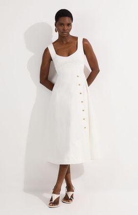 Karen Millen Womens Tailored Denim Sleeveless Full Skirted Midi Dress - White Cotton - Size 12 UK