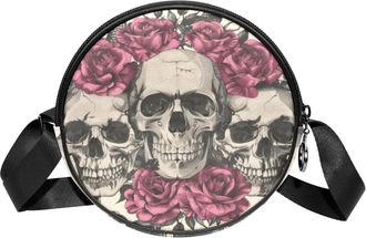 Generic Circle Crossbody Bag for Women, Skulls Snake Roses Small Sling Bag Daypack with Zipper Adjustable Shoulder Straps Casual Ladies Girls Round Purse