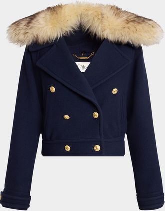 Chloé Faux-Fur Collar Double-Breasted Wool Bomber Jacket
