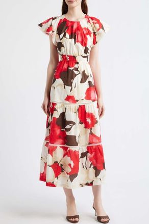 Anne Klein Floral Print Tiered Midi Dress in White Dove Multi at Nordstrom, Size X-Small