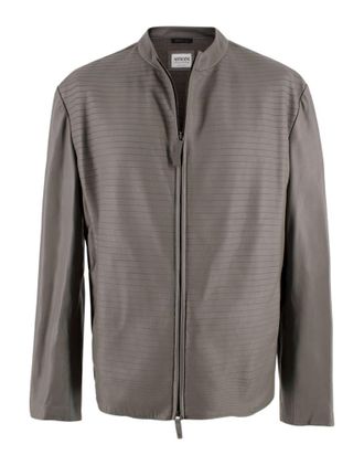 Armani Collezioni Grey Pleated Leather Jacket Size XXL