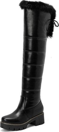 Generic Womens Chunky Platform Round Toe Snow Boots Over The Knee Lace Up Wide Calf Pull On Winter Thermal Shoes (Black,7.5)