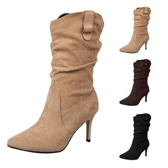 Generic Womens Pointed Toe Heel Boots Stiletto Heels Mid-Calf Boots Slouchy Comfort Rouched Shoes Ladies Pull On Suede Winter Dress Shoes for Dates, Weddings,