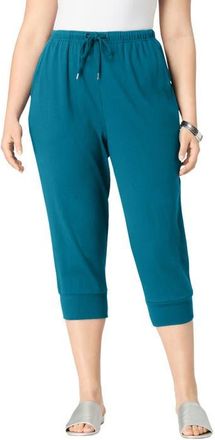 Roaman's Plus Size Soft Knit Capri Pant With Drawstring Waist in Deep Teal at Nordstrom, Size Medium