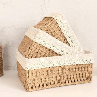 Trade Shop Trade Shop - Set 3 Pz Porta Oggetti Organizer Cestino Intrecciato Con Fodera In Tessuto 79158