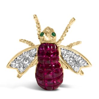 House of Brilliance 18K Yellow Gold 3/8 Cttw Diamond and 6 3/4 Cttw Red Ruby Bumblebee Brooch Pin