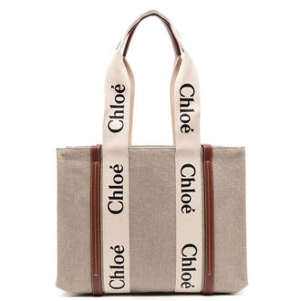Chlo&eacute; Medium Woody Linen Logo Tote Bag
