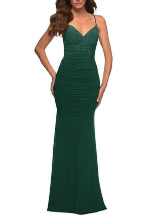 La Femme Long Jersey Dress with Sheer Corset Bodice in Emerald at Nordstrom, Size 12
