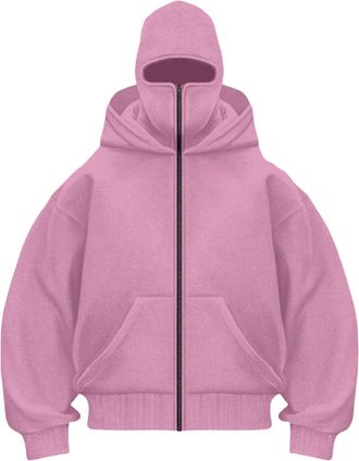 Generic Balaclava Hoodie with Mask Built In Balaclava Full Zipper Double Hooded Coat Oversized Wind Resistant Warm Travel Hoodie with Face Mask Built In Winte