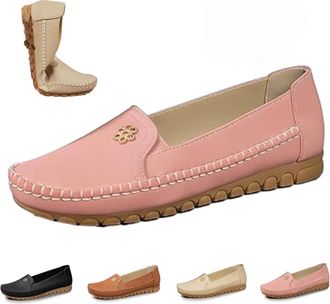 Generic Stylish Orthopedic Leather Shoes, All-Day Comfort for Women, Lightweight, Anti-Slip, Breathable Flat-Soled Shoes with Flower (Pink,6.5)