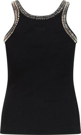 Pinko Womens Sleeveless Top With Rhinestones, Black Cotton Vests & Tank Tops
