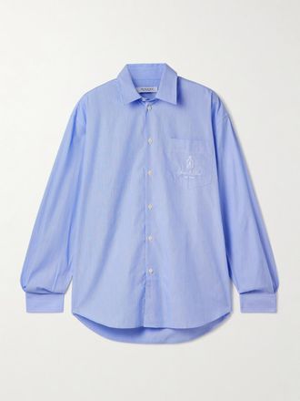 Sporty & Rich Camicia Gessata Oversize In Popeline Di Cotone Con Logo Ricamato Vendome - Blu