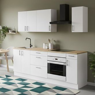 Dmora Cocina Completa Silphora, Composici&oacute;n Cocina Moderna, Set Cocina Modular, Soluci&oacute;n Cocina Funcional, Blanco Y Roble - Dmora