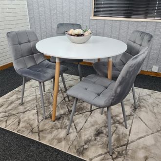 Kosy Koala Dining Table & 4 Chairs White Round Table With 4 Grey Velvet Chairs Dining Room Furniture in Brown