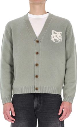 Maison Kitsun&eacute; Merino Wool Cardigan with Large Fox Embroidery