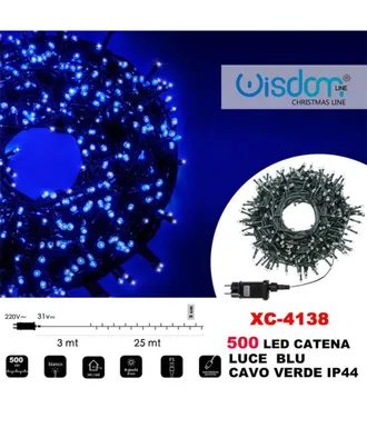 Trade Shop Trade Shop - Cadena Luminosa 500 Leds Luci&eacute;rnagas Luz Azul Cable Verde Ip44 Xc-4138
