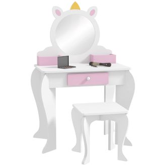 OEM Tocador Infantil Con Taburete Y Espejo Tocador Para Ni&ntilde;as Con Caj&oacute;n Compartimentos Dise&ntilde;o De Unicornio Blanco