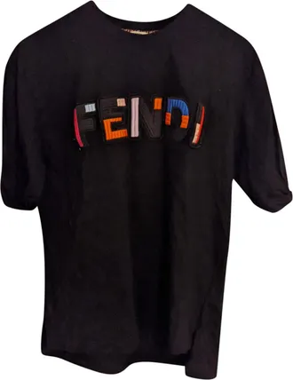 Fendi Black Multicolour Embroidered Logo T-Shirt Size L