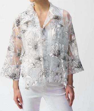 Joseph Ribkoff Organza Floral Print Boxy Top In White/black