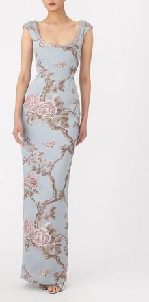 Sau Lee Brooke Floral Brocade Column Gown in Blue Ash at Nordstrom, Size 10