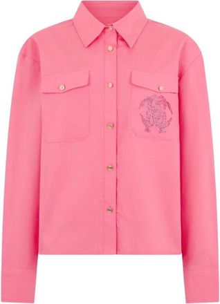 Roberto Cavalli Shirt met strass logo - Dames - Overhemden - Roze - M - Leer - Overhemden
